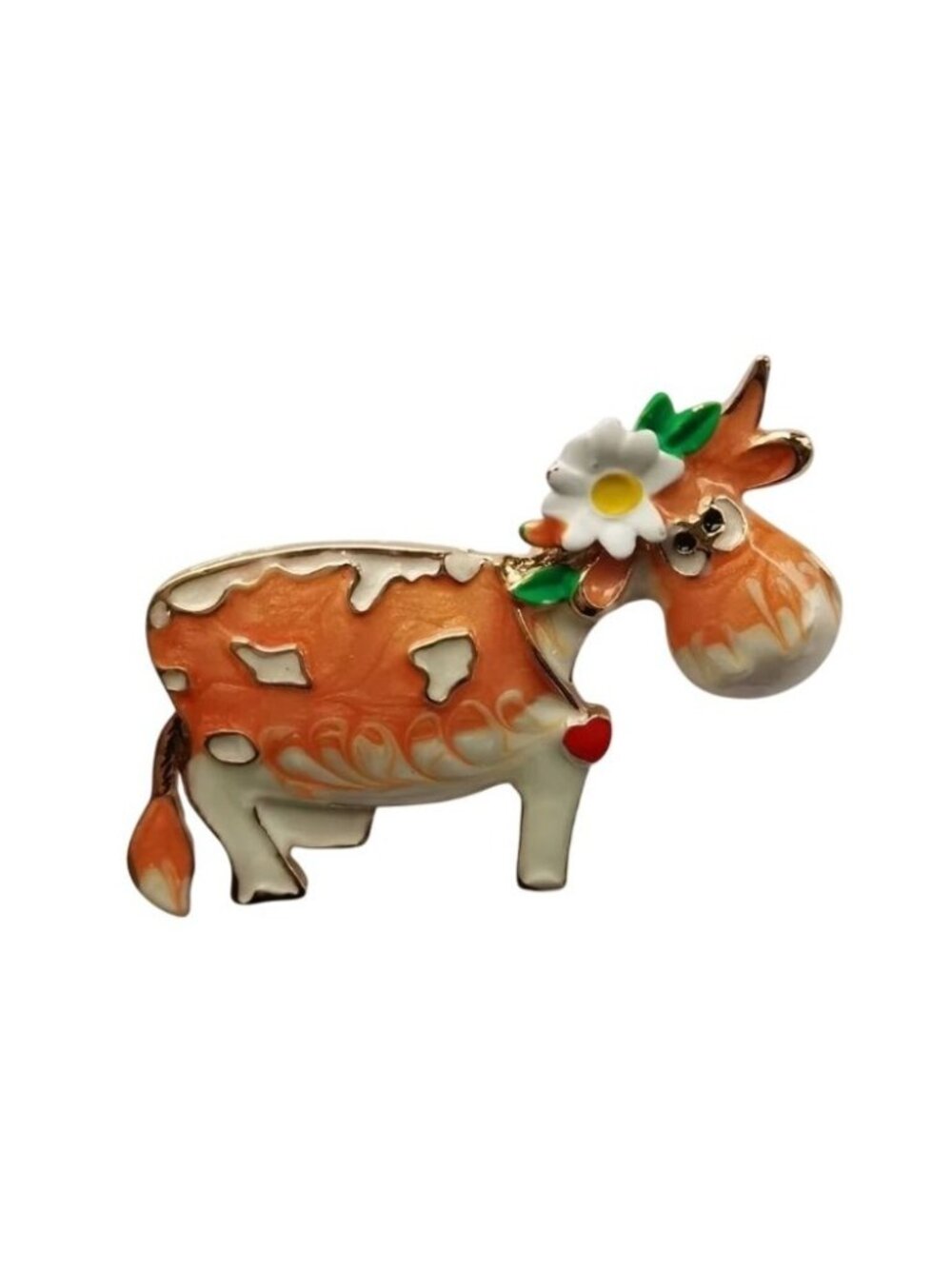 Cute Brown Enamel Cow Brooch with Flowers